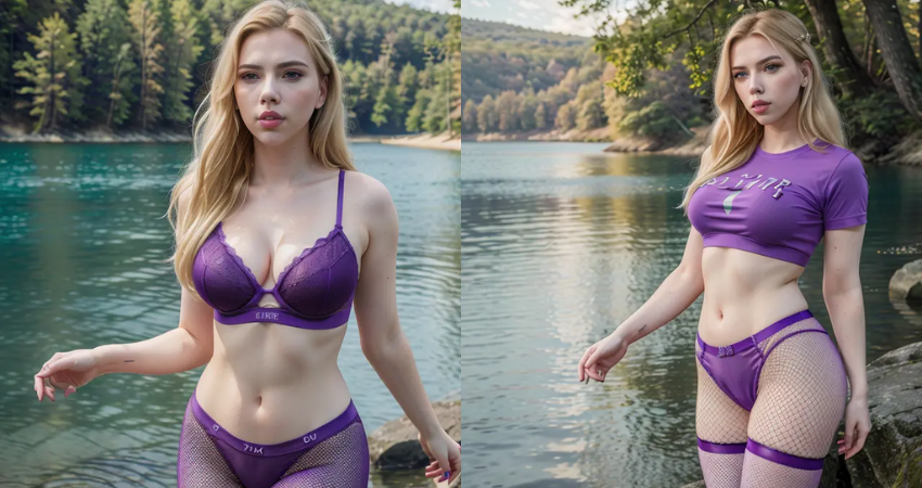 Dazzling in Purple: Scarlett Johansson Glows with Grace Beside the Glimmering River.