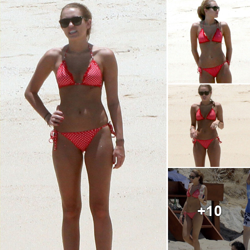 “Captivating in Red: Miley Cyrus Flaunts Her Stunning Physique in Polka Dotted Bikini, Paparazzi Clicks Every Detail”